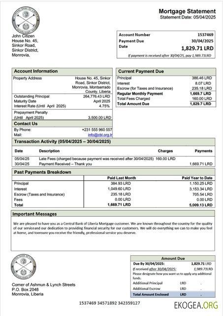 Modèle Word et PDF de relevé hypothécaire de la Banque centrale du Libéria du Libéria